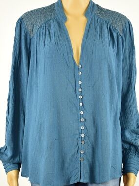 Free People Blue Long Sleeve Blouse with Mandarin Collar oversized small